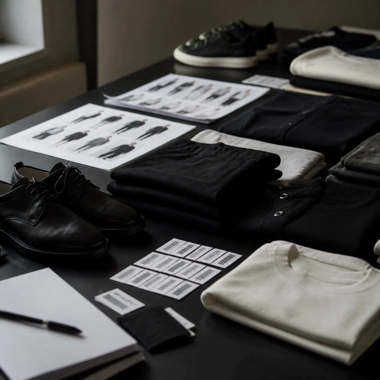 Monochrome apparel and footwear buying desk with folded garments, shoes, and order sheets