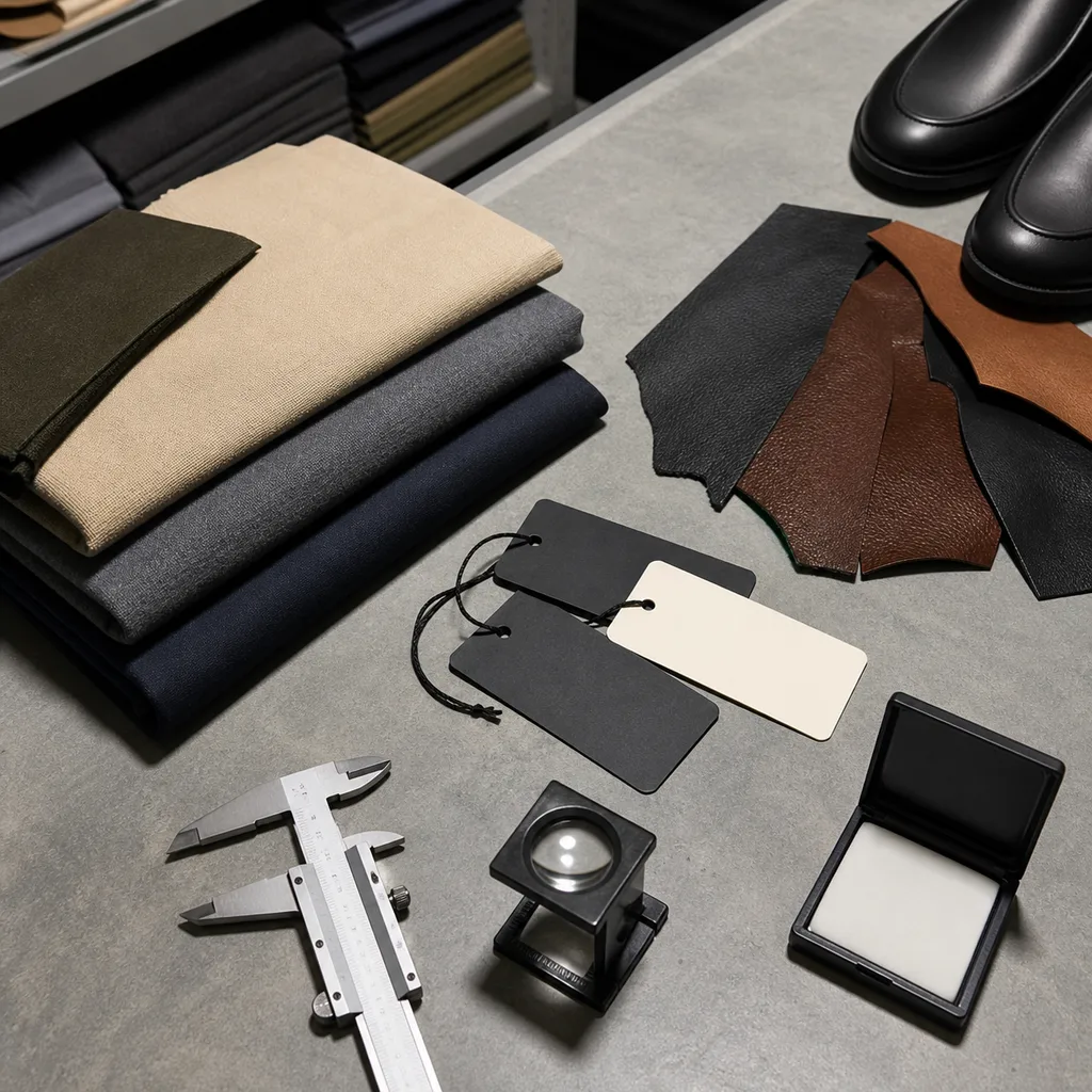 Garment material verification bench with folded fabric, shoe leather swatches, and monochrome inspection tools