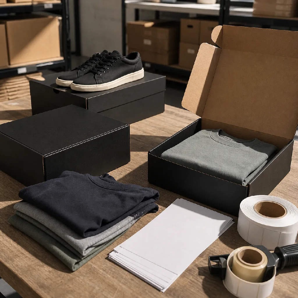 Order packing table with folded apparel, boxed shoes, printed packing slips, and black shipping cartons